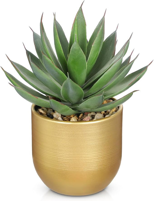 Briful Succulents Plants Artificial for Home Decor, Realistic Potted Fake Agave Plant, Gold Metal Pot, Cute Aloe Maguey Faux Plant, Shelf Tables Decor, Modern Farmhouse Home Kitchen Decorations