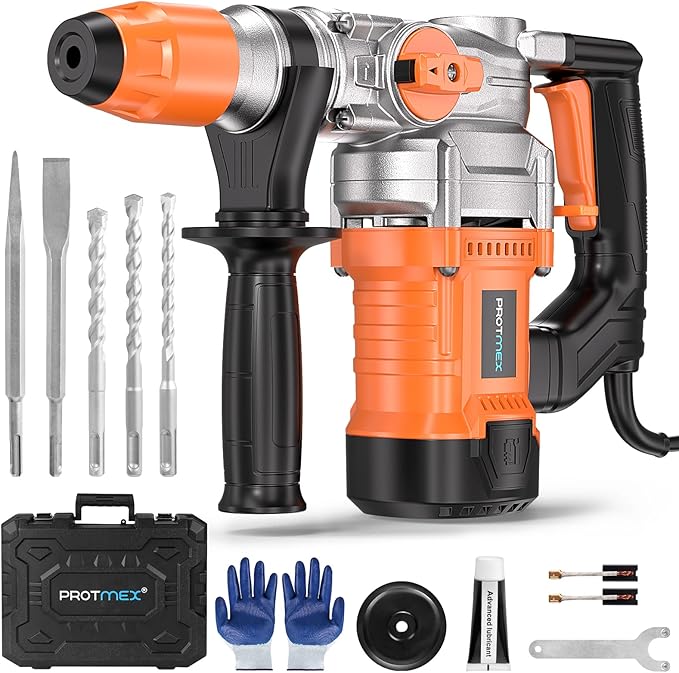 1-1/4 Inch SDS-Plus 13 Amp Heavy Duty Rotary Hammer Drill with Safety Clutch 3 Functions, Vibration Control, for Floor Tile Removal, Concrete Breaker, Including Grease, Chisels & Drill Bits