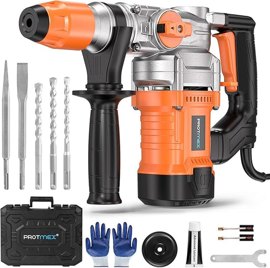1-1/4 Inch SDS-Plus 13 Amp Heavy Duty Rotary Hammer Drill with Safety Clutch 3 Functions, Vibration Control, for Floor Tile Removal, Concrete Breaker, Including Grease, Chisels & Drill Bits