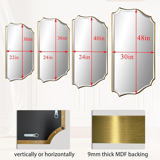 POZINO Scalloped Beveled Mirror, 30"x48" Large Brass Rectangle Mirrors for Over Sink, Gold Wavy Vanity Mirrors, Irregular Shaped Mirror for Bathroom Living Room Bedroom Fireplace Entryway