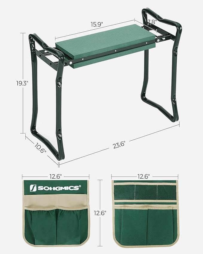 SONGMICS Garden Kneeler and Seat, Multifunctional Garden Kneeling Bench, Gardening Gifts for Women Men, Folding Gardening Stool, with 2 Tool Bags, 8-Inch Wide Kneeling Pad, Dark Green UGGK060L01