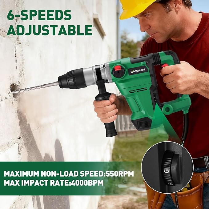 1-1/2 Inch SDS-MAX Heavy and Duty Rotary Hammer Drill, 13 Amp Corded Hammers Drill, 3 Functions, 6 Speeds, Safety Clutch, 2 Chisel, Hammers Drill for Concrete Demolition Chipping