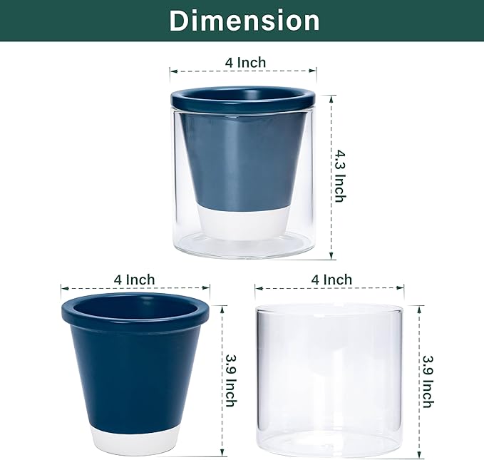 D'vine Dev 4 Inch Design Self Watering Planter for Indoor Plants, Blue Terracotta Pot with Cylinder Glass Cup, 37-X-A-4