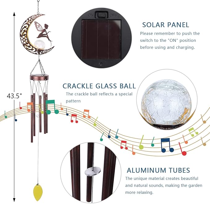 Taman Wind Chime - Fairy Wind Chimes for Outside Moon Solar Lights Indoor Crackle Glass Ball LED Decorative Mobile Memorial Gift, Aluminum Tubes for Home, Outdoor, Yard, Patio,Garden Decor, 43.5"