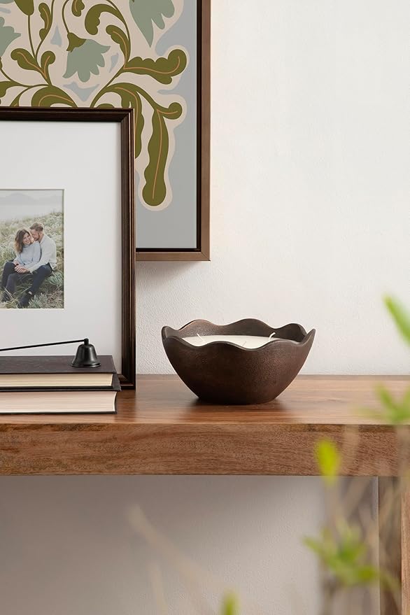Kate and Laurel Alessia Scalloped Round Metal Candle Bowl, 8 Inch Diameter, Bronze, Modern Three-Wick Unscented Candle with Decorative Bowl for Living Room Decor