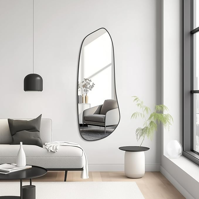 WallBeyond Irregular Wall Mirror, Asymmetrical Mirror Wall Mounted with Black Framed for Living Room, Bathroom, Bedroom, Entryway Wall Decor, 46"×18", Black