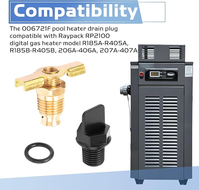 006721F Pool Heater Drain Plug Compatible with Raypak Capron Drain Plug, Pool Heater Parts Fits for Raypak RP2100 Digital Gas Models R185A-R405A, R185B-R405B, 206A-406A, 207A-407A