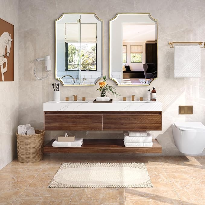 POZINO Beveled Vanity Mirror, 24"x36" Modern Bathroom Mirrors Over Sink, Rounded Rectangle Mirrors with Stainless Steel Frame, Brushed Brass Wall Mirrors for Bedroom Living Room Fireplace Entryway