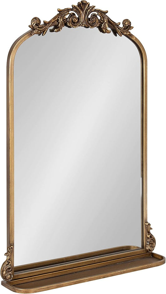Kate and Laurel Arendahl Traditional Vintage Arch Mirror with Shelf; 21 x 32; Gold; Baroque Antique Arched Wall Mirror with Functional Shelf and Ornate Frame