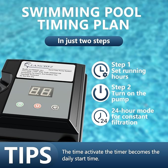 LANCHEZ 16in Sand Filter Pump for Above Ground Pool with Timer, 1.5HP, Max 4900GPH for Pools Up to 16000GAL, 6-Way Valve Pool Sand Filter System, Enhanced Circulation for Crystal-Clear Pool