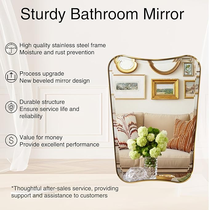 POZINO Brushed Irregular Rectangle Mirrors, 24"x40" Bathroom Vanity Mirror for Over Sink, Brass Unique Shape Decorative Mirrors, Gold Beveled Mirror for Living Room Bedroom Hallway Entryway Fireplace