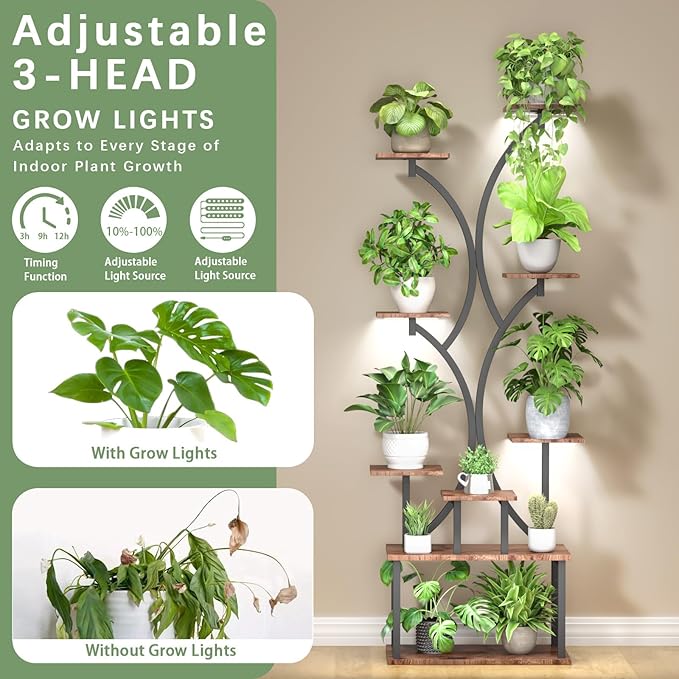 65 inch Plant Stand Indoor with Grow Lights, 9 Tiered Metal Plant Stands Indoor, Tall Plant Shelf for Multiple Plants, for Living Room, Patio Balcony or Office (Rustic Brown)