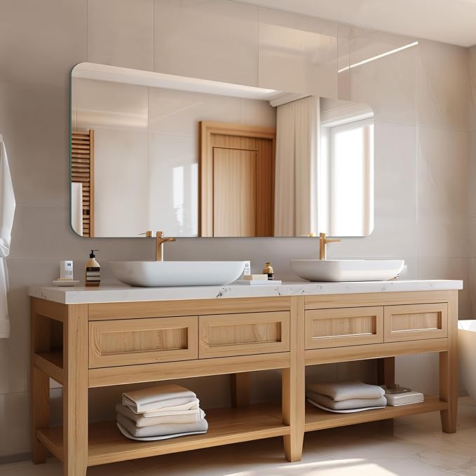 Mirrorons 60 x 28 Frameless Bathroom Mirror, Rounded Corner Bathroom Vanity Mirror, Modern Wall Mounted Vanity Mirror for Living Room, Bedroom, Bathroom, Entryway (Horizontal/Vertical)