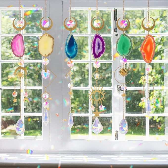 Sun Catcher, 6 pcs Sun Catchers with Crystals Prism Agate Slices Bulk Outdoor Garden Indoor Hanging Decor for Home Car Window Christmas Party Wedding Gift