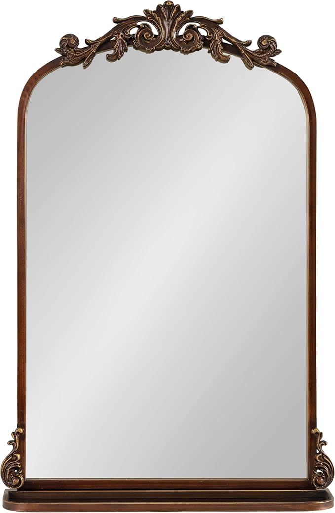Kate and Laurel Arendahl Traditional Vintage Arch Mirror with Shelf; 21 x 32; Bronze; Baroque Antique Arched Wall Mirror with Functional Shelf and Ornate Frame