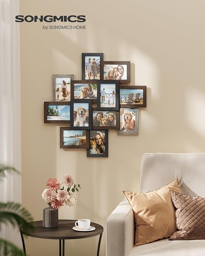 SONGMICS 4x6 Collage Picture Frames, 12-Pack Photo Collage Frame for Wall Decor, Glass Front, Assembly Required, Maroon Brown, Heather Greige, Ash Black URPF022M01