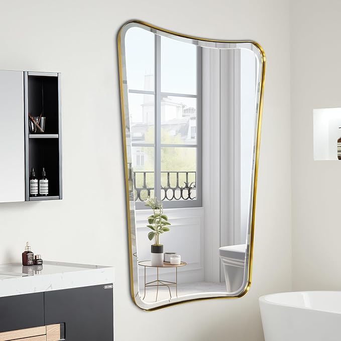 POZINO Gold Beveled Mirror, 30"x48" Brushed Wavy Vanity Mirror for Over Sink, Large Irregular Rectangle Mirrors, Butterfly Shaped Mirrors for Living Room Dressing Bathroom Bedroom Hallway Entryway