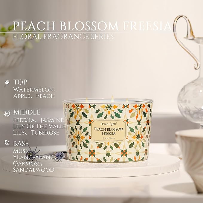 HomeLights Soy Wax Candles for Home Scented, 4-Wick Candles in Peach Blossom Freesia Scented, Aromatherapy Candles Gift for Parties, Relaxing, Bohemian Natural Textures, 18oz
