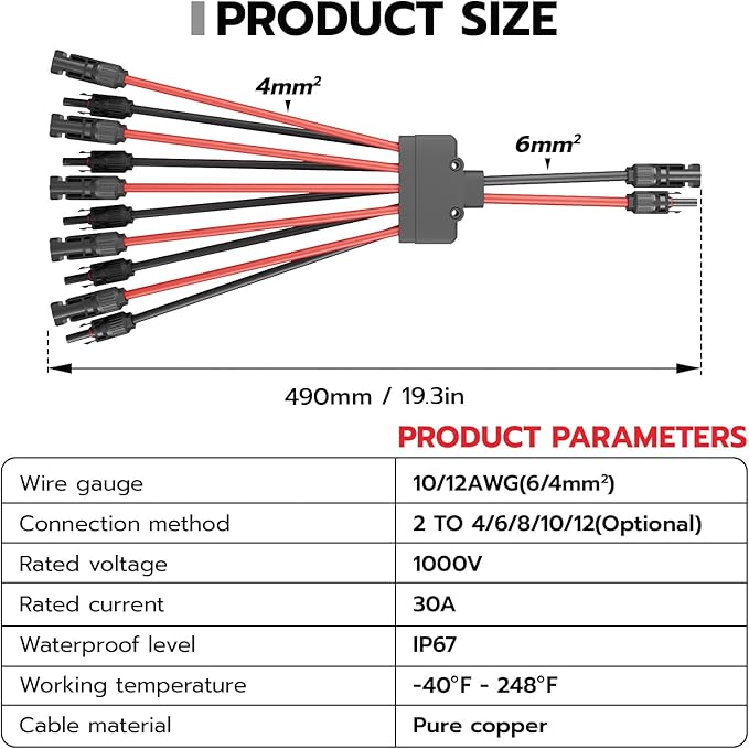 1 Pair Solar Connectors Y Branch, 2 to 10 Solar Parallel Connector for 2-5 Solar Panels,12AWG-10AWG Solar Connector Kit