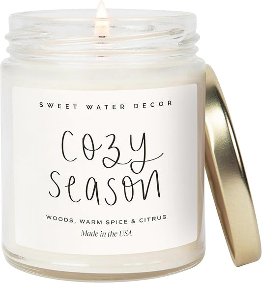 Sweet Water Decor Cozy Season Candle - Woods, Warm Spice, and Citrus Autumn Scented Soy Candles for Home - 9oz Clear Jar, 40 Hour Burn Time, Made in The USA