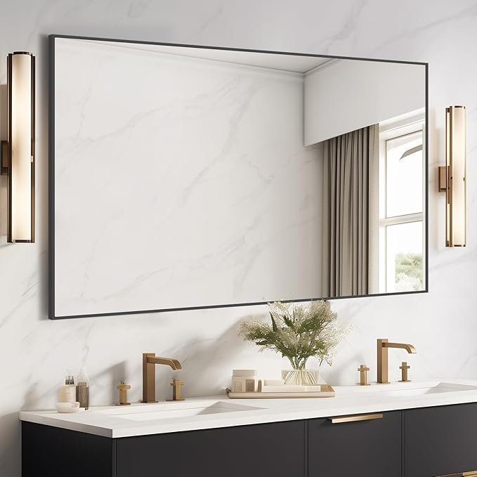 HOMECOOKIN Black Metal Mirror for Bathroom 28 x 48 Inch Black Bathroom Mirror for Over Sink, Rectangle Wall Vanity Mirror Square Corner Metal Frame Modern Farmhouse Mirror(Horizontal/Vertical)
