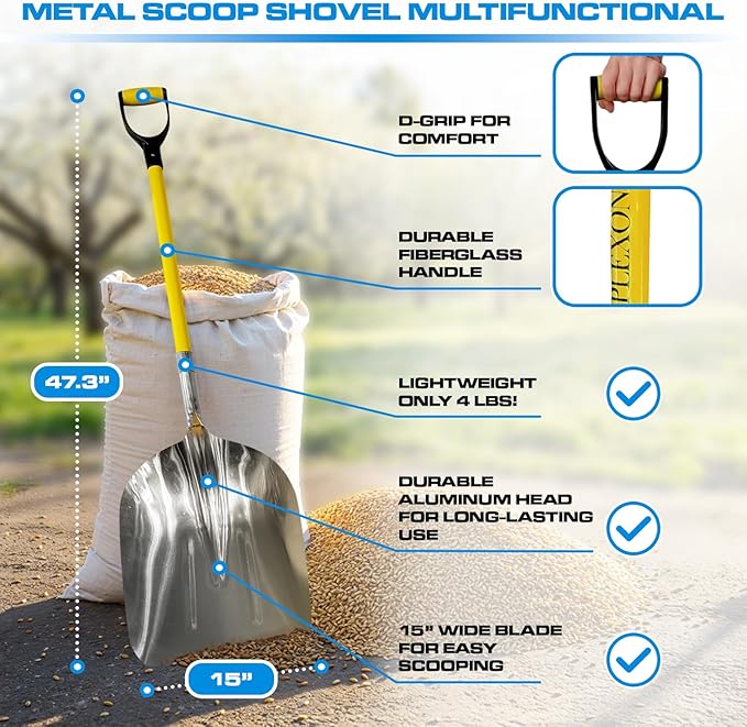 Plexon Metal Scoop Shovel 15" Blade - Aluminium Steel Snow Shovel for Driveway - Heavy Duty Snow Shovel for Car - Fiberglass Handle & Plastic D-Grip - Outdoor Garden Yard, 48" Length