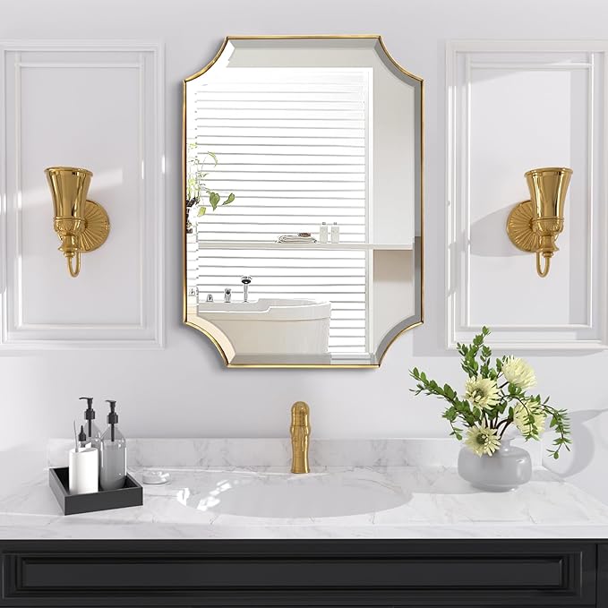 POZINO Beveled Vanity Mirror, 24"x36" Modern Bathroom Mirrors Over Sink, Rounded Rectangle Mirrors with Stainless Steel Frame, Brushed Brass Wall Mirrors for Bedroom Living Room Fireplace Entryway