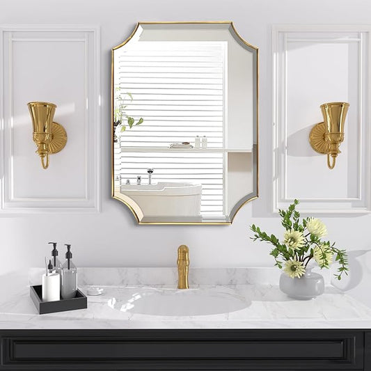 POZINO Beveled Vanity Mirror, 24"x36" Modern Bathroom Mirrors Over Sink, Rounded Rectangle Mirrors with Stainless Steel Frame, Brushed Brass Wall Mirrors for Bedroom Living Room Fireplace Entryway