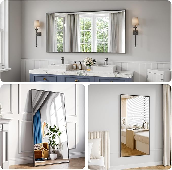 Koonmi Bathroom Mirror 30x60 Bathroom Wall-Mounted Mirrors, Modern Vanity Mirror for Bedroom, Living Room, Aluminum Alloy Frame Allow to Hang Horizontally or Vertically