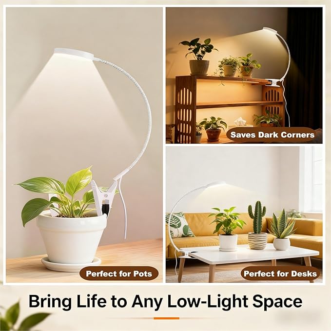 VC.Formark Adjustable Clip-On Grow Light with Timer, Full Spectrum LED Plant Light for Indoor Plants, 360° Gooseneck, 10-Level Dimmer, 3/9/12H Auto Cycle for Herbs, Succulents, Small Plants