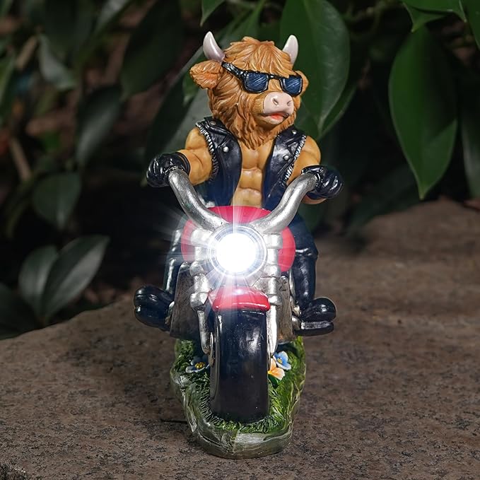 Decorative Highland Cow on Motorcycle Statue with LED Headlight - Rustic Outdoor Garden Ornament, Biker Cow Figurine for Yard, Patio, or Home Decor Gifts