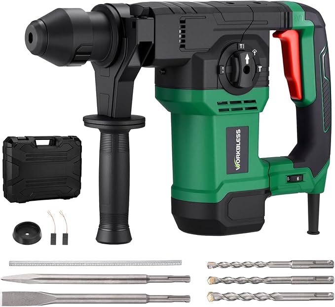 1-1/4 Inch SDS-Plus Rotary Hammer, 13 Amp 7.0J Power Hammer Drills, 4 Functions, 6 Speeds, 3 Drill Bits, 2 Chisels with Safety Clutch, Rotomartillo for Concrete Demolition Chipping