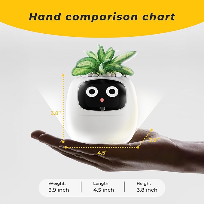 Smart pet Planter Robot Guidance on Plant Care with Emojis, Adorable Plant Companion with Rich Gesture Interaction, Neat Desk Setup Gift (Yellow)