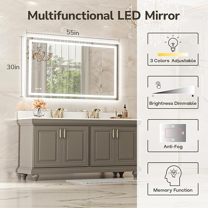 USHOWER LED Bathroom Mirror 55x30 Inch with Lights - Frameless Tempered Glass LED Backlit Lighted Mirror for Bathroom Vanity with Anti-Fog, 3 Colors Dimmable, Memory Function, Wall-Mounted