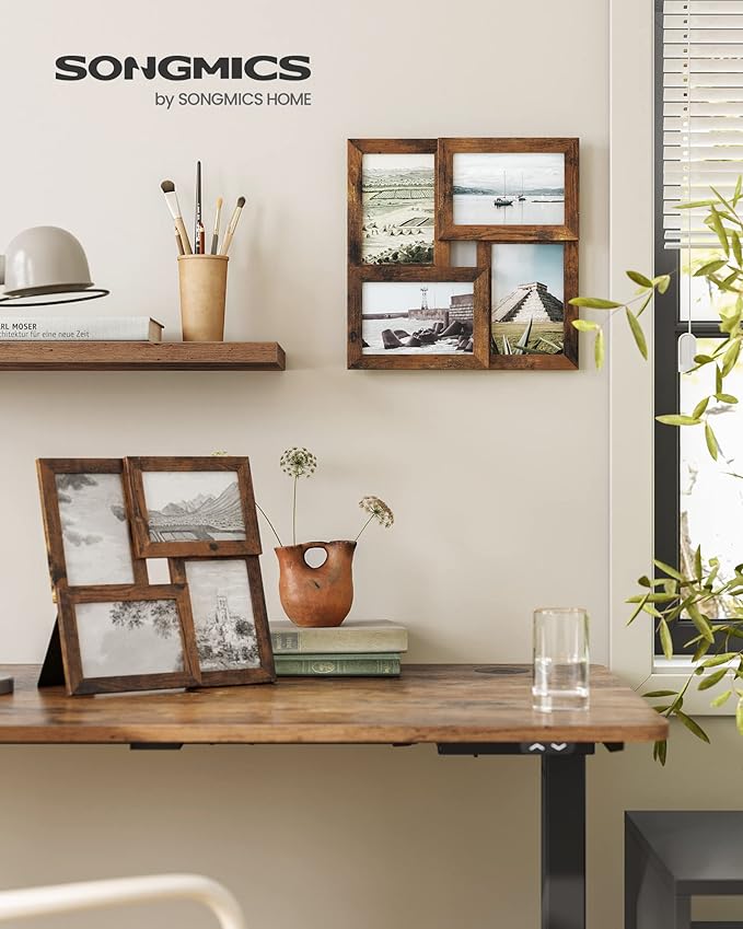 SONGMICS 4x6 Collage Picture Frames, Family Photo Collage Frame Set of 4 for Wall Decor, Glass Front, Wall Hanging or Tabletop, Rustic Brown URPF025X01