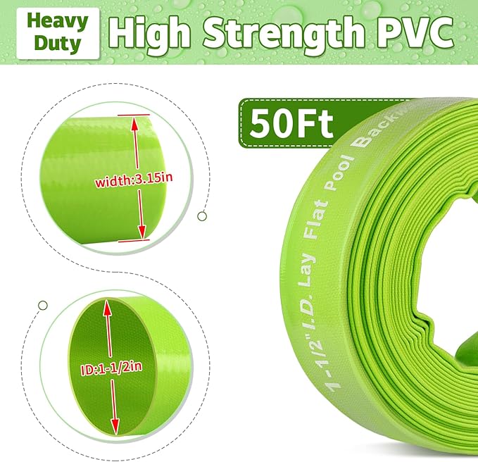 Boltigen 1-1/2'' Pool Backwash Hose, 50 Feet Heavy Duty PVC Pool Drain Hose with Clamps, Lay Flat Water Discharge Filter Pump Hose for Swimming pools, High Pressure Pool Pump Hose