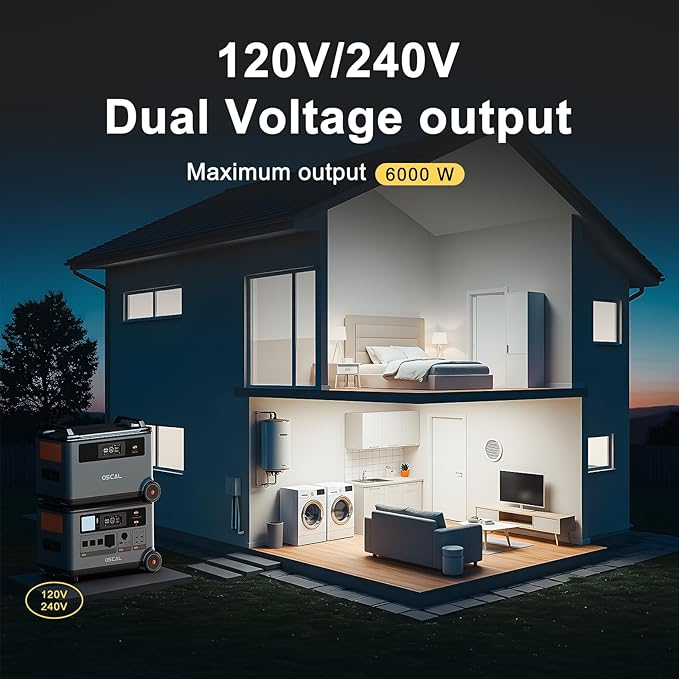 OSCAL PowerMax 6000 Solar Generator, 3600Wh/6000W Power Station with 200W Solar Panels, 120V/240V Split Phase Voltage AC Outlets (9000W Peak), 2400W Solar Charging,Emergency for Home,Battery Backup