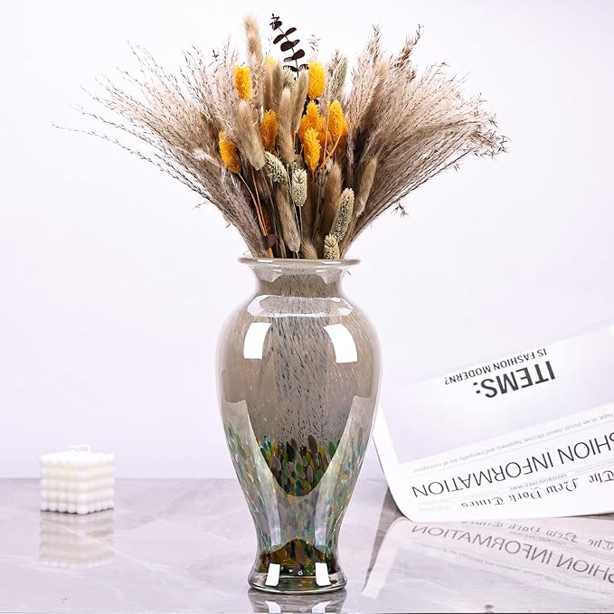 11.8" Tall Blown Green Glass Vase, Colorful Opaque Glass Vase, Unique Design Wide Mouth Art Decoration for Home, Living Room, Dining Table, Pampas Grass Decor (Green)