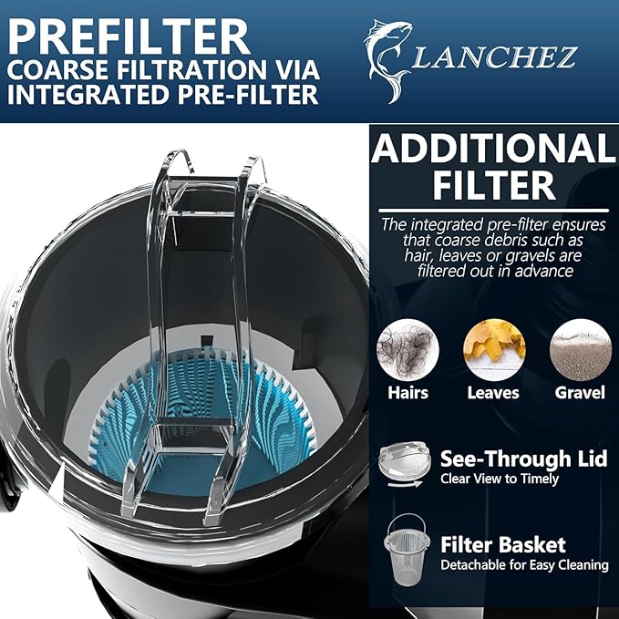 LANCHEZ 16in Sand Filter Pump for Above Ground Pool with Timer, 1.5HP, Max 4900GPH for Pools Up to 16000GAL, 6-Way Valve Pool Sand Filter System, Enhanced Circulation for Crystal-Clear Pool