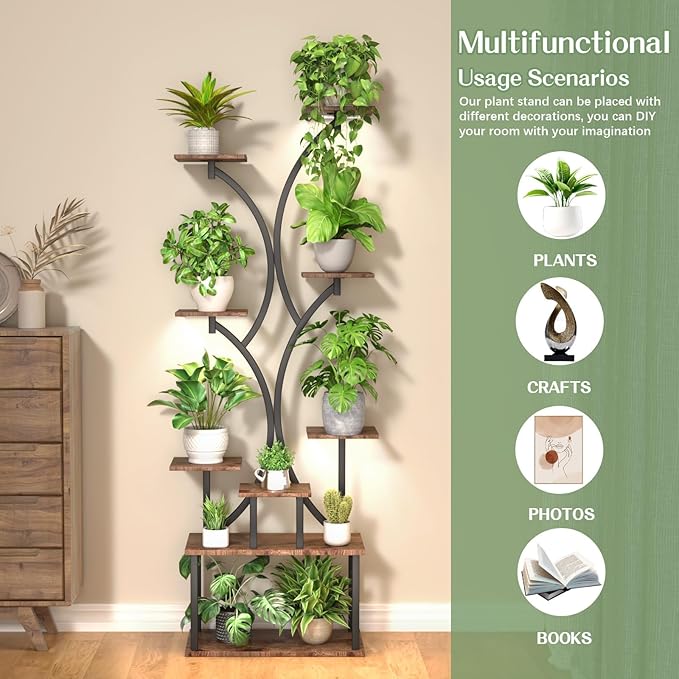 65 inch Plant Stand Indoor with Grow Lights, 9 Tiered Metal Plant Stands Indoor, Tall Plant Shelf for Multiple Plants, for Living Room, Patio Balcony or Office (Rustic Brown)