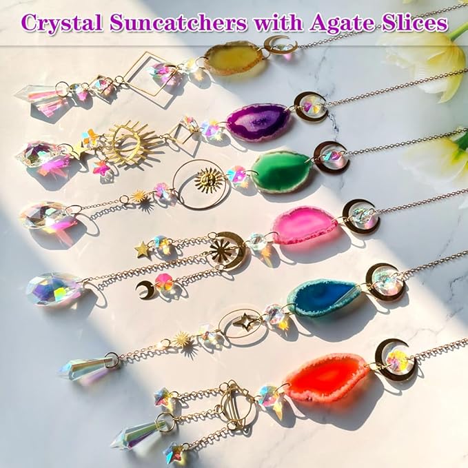 Sun Catcher, 6 pcs Sun Catchers with Crystals Prism Agate Slices Bulk Outdoor Garden Indoor Hanging Decor for Home Car Window Christmas Party Wedding Gift