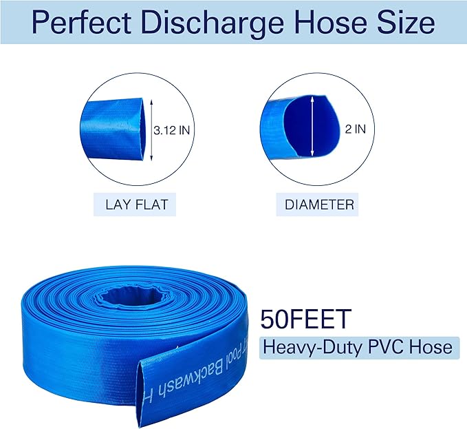 2" x 50FT Pool Backwash Hose, Heavy-Duty Pool Hose, Lay Flat Discharge Hose, Durable Burst Resistant, Pool Filter Pump Water Drainage, Sump Pump Discharge, with 2 Clamps