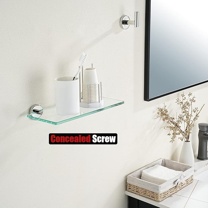 JQK Bathroom Glass Shelf Chrome, Tempered Glass Shower Storage 12 by 5 inches, 304 Stainless Steel Polished Chrome Wall Mount, TGS101L12-CH