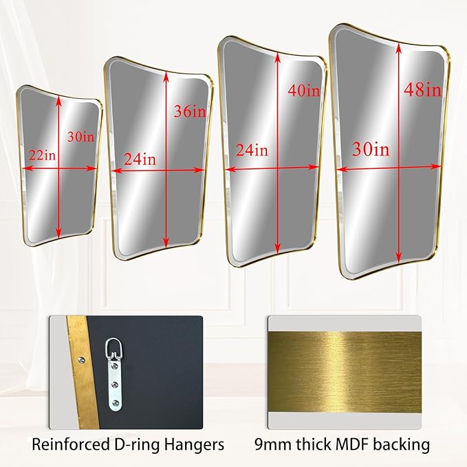 POZINO Brushed Irregular Rectangle Mirrors, 24"x40" Bathroom Vanity Mirror for Over Sink, Brass Unique Shape Decorative Mirrors, Gold Beveled Mirror for Living Room Bedroom Hallway Entryway Fireplace