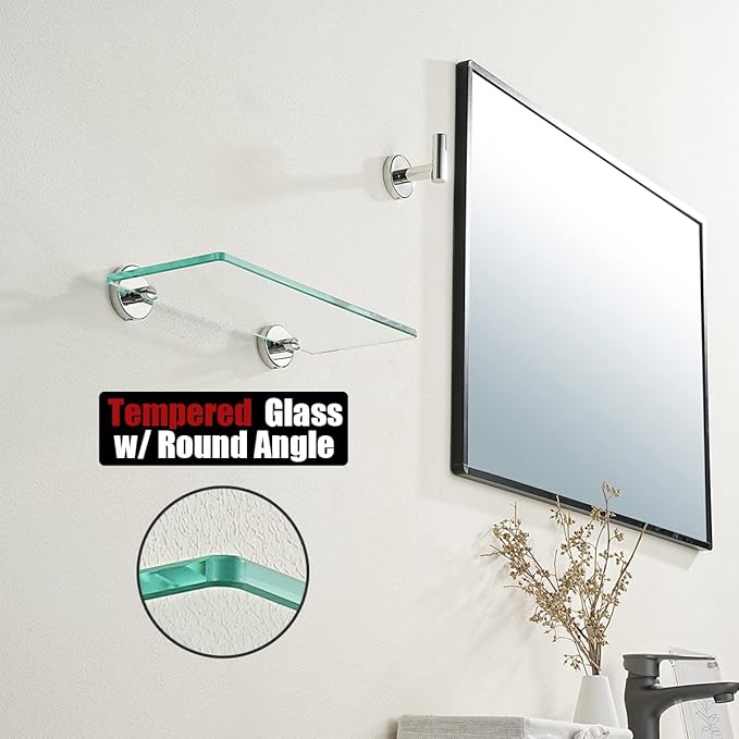 JQK Bathroom Glass Shelf Chrome, Tempered Glass Shower Storage 12 by 5 inches, 304 Stainless Steel Polished Chrome Wall Mount, TGS101L12-CH