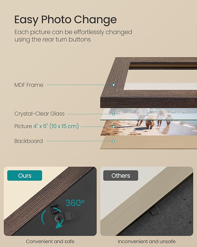 SONGMICS 4x6 Collage Picture Frames, 12-Pack Photo Collage Frame for Wall Decor, Glass Front, Assembly Required, Maroon Brown, Heather Greige, Ash Black URPF022M01