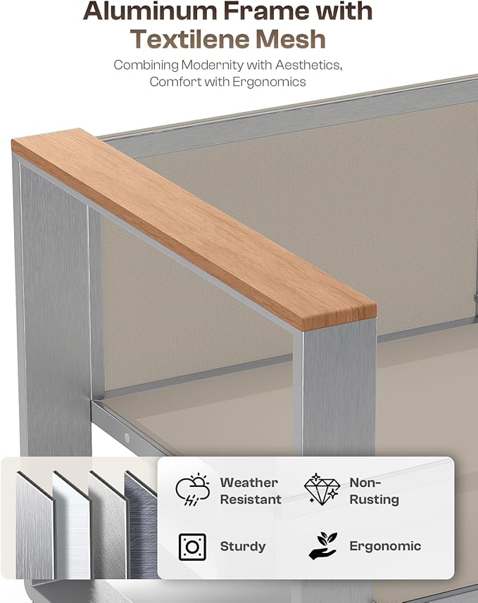 Patio Furniture Set, 5 Piece Aluminum Outdoor Furniture Set with Coffee Table, Wide Seat and Thick Cushions, Modern Outdoor Patio Conversation Sets for Deck, Porch (Teak-Gray)