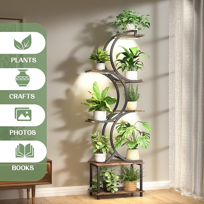 Plant Stand Indoor with Grow Lights, 65 inch Tall Plant Shelf for Multiple Plants, 7 Tiered Metal Plant Stands Indoor, for Living Room, Corners Patio Balcony or Office (Rustic Brown)