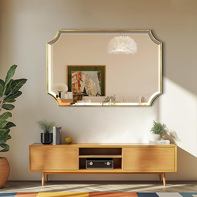 POZINO Beveled Vanity Mirror, 24"x36" Modern Bathroom Mirrors Over Sink, Rounded Rectangle Mirrors with Stainless Steel Frame, Brushed Brass Wall Mirrors for Bedroom Living Room Fireplace Entryway