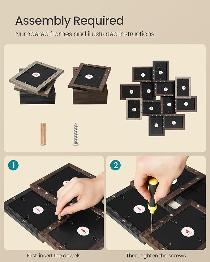 SONGMICS 4x6 Collage Picture Frames, 12-Pack Photo Collage Frame for Wall Decor, Glass Front, Assembly Required, Maroon Brown, Heather Greige, Ash Black URPF022M01